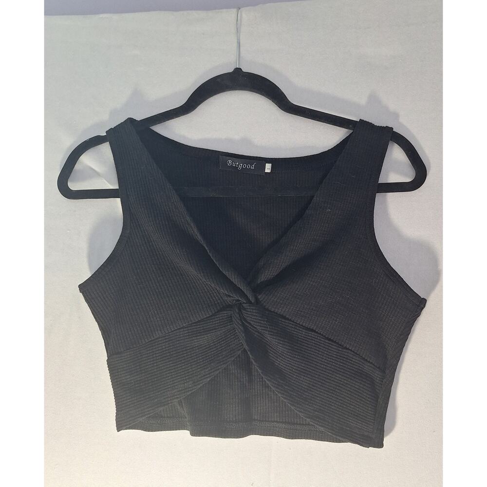 Halter Crop Top Womens Sz L Center Knot Black Summer Base Layer Stretch Sexy Fun